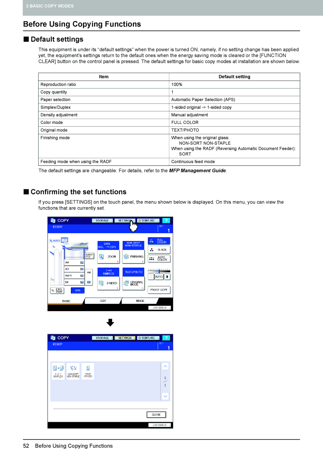 Toshiba 6520c, e-STUDIO5520C manual Before Using Copying Functions, „ Default settings, „ Confirming the set functions 