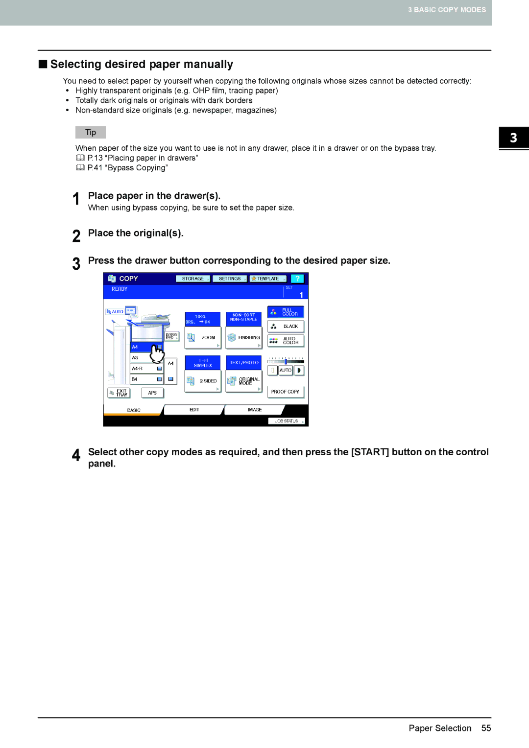 Toshiba e-STUDIO5520C, 6520c „ Selecting desired paper manually, Place paper in the drawers 