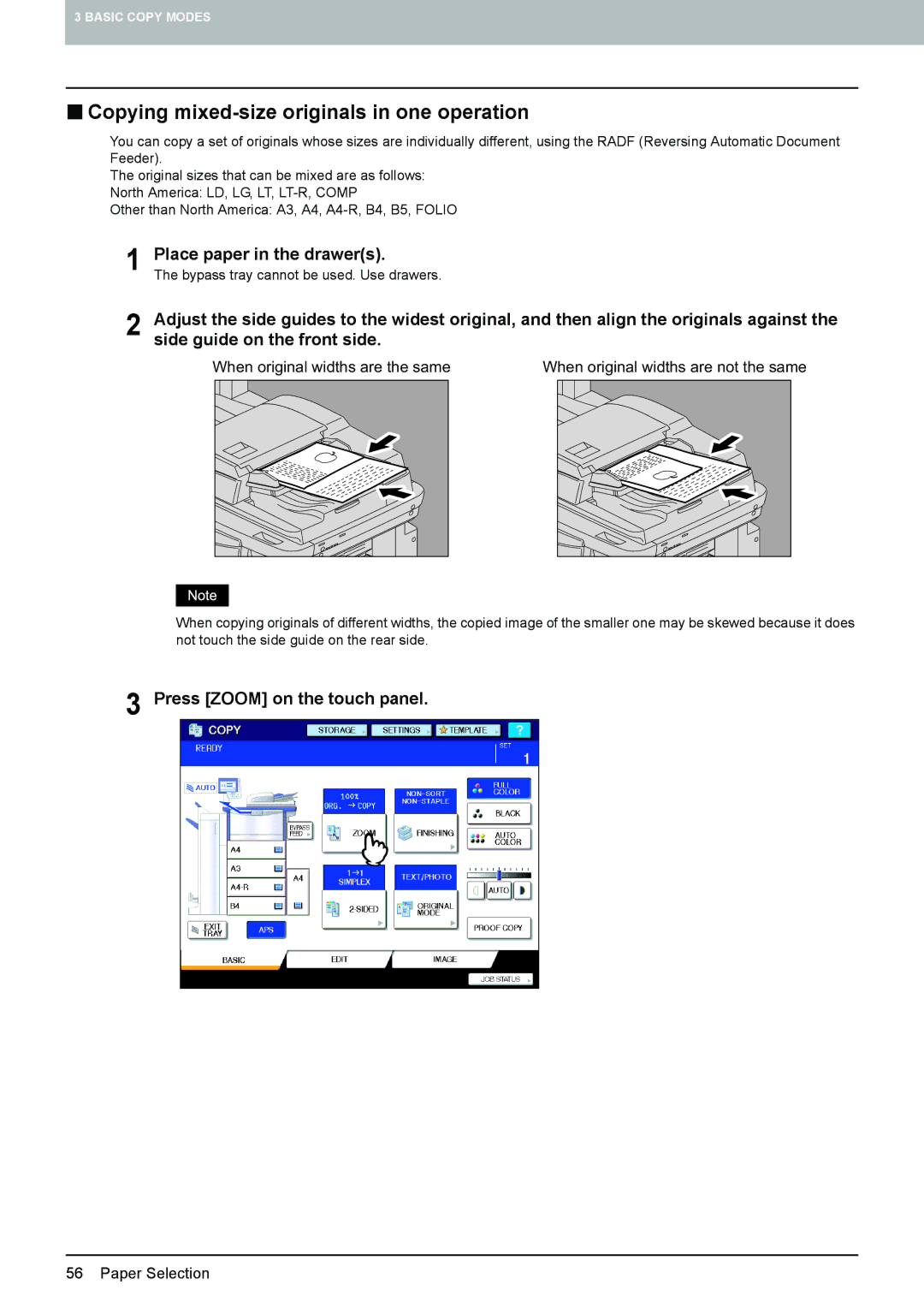 Toshiba 6520c, e-STUDIO5520C manual „ Copying mixed-size originals in one operation, Press Zoom on the touch panel 