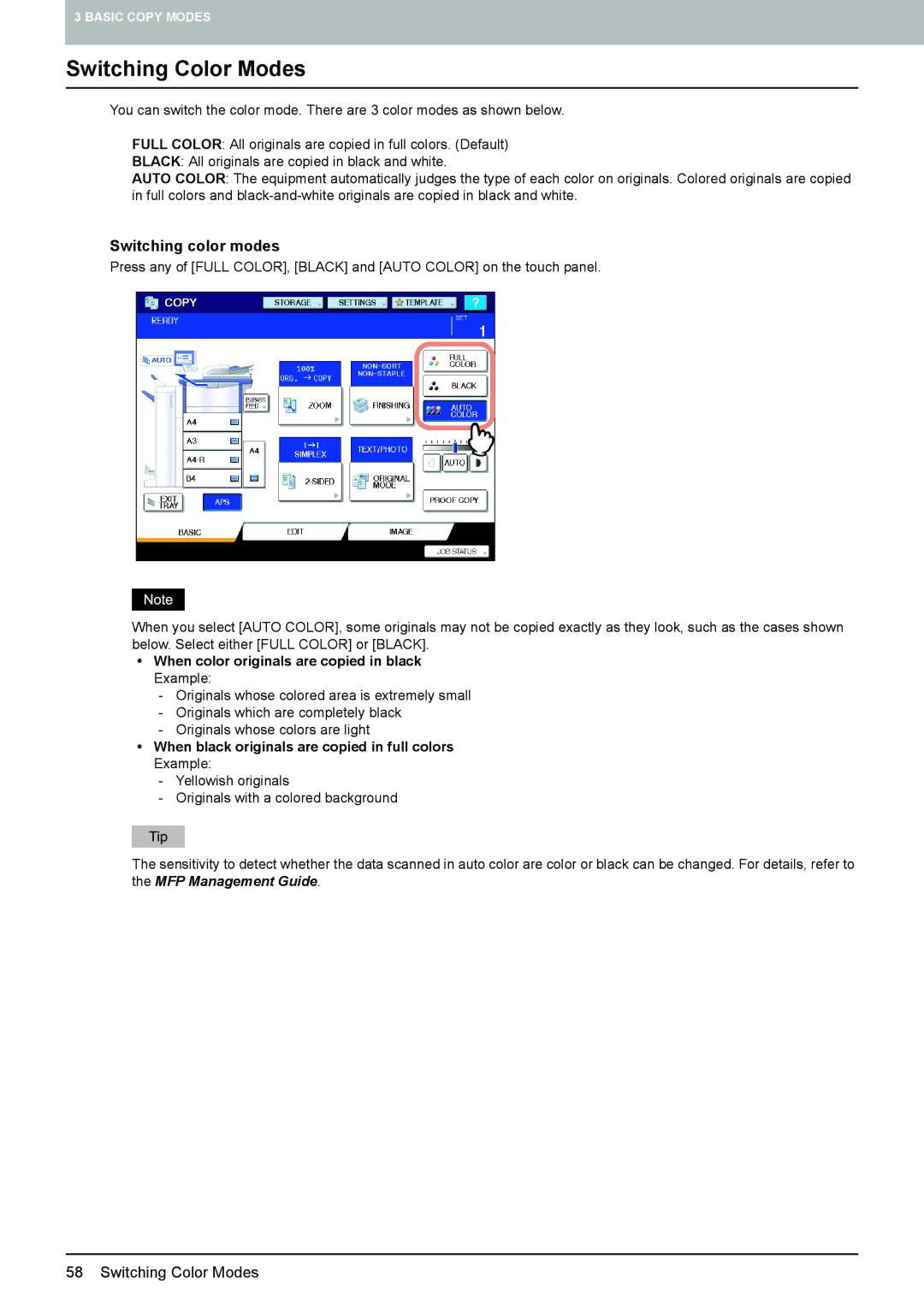 Toshiba 6520c manual Switching Color Modes, Switching color modes, When color originals are copied in black Example 