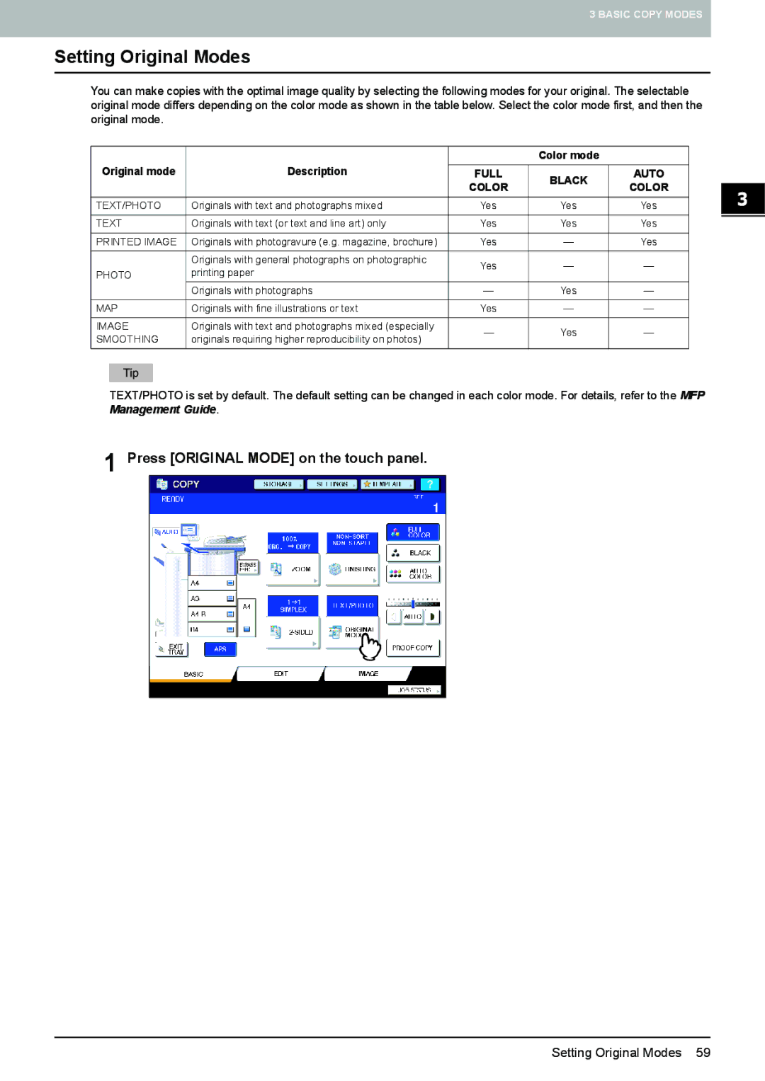 Toshiba e-STUDIO5520C, 6520c manual Setting Original Modes, Press Original Mode on the touch panel 