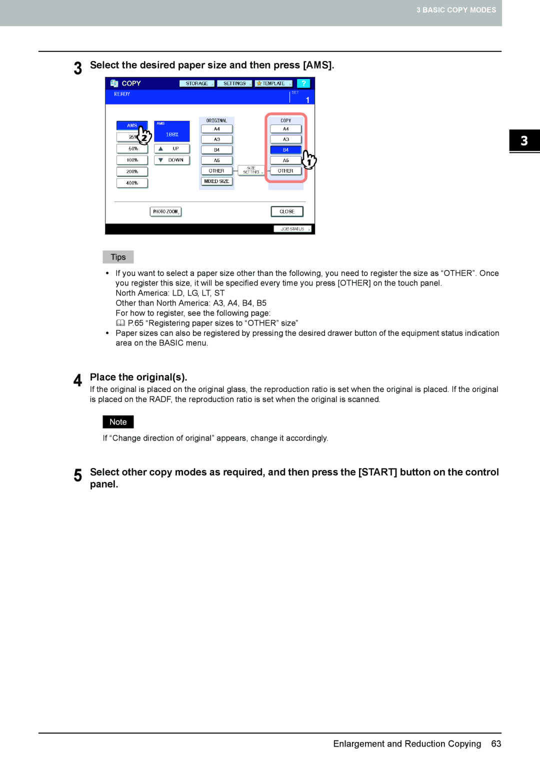 Toshiba e-STUDIO5520C, 6520c manual Select the desired paper size and then press AMS, Place the originals 