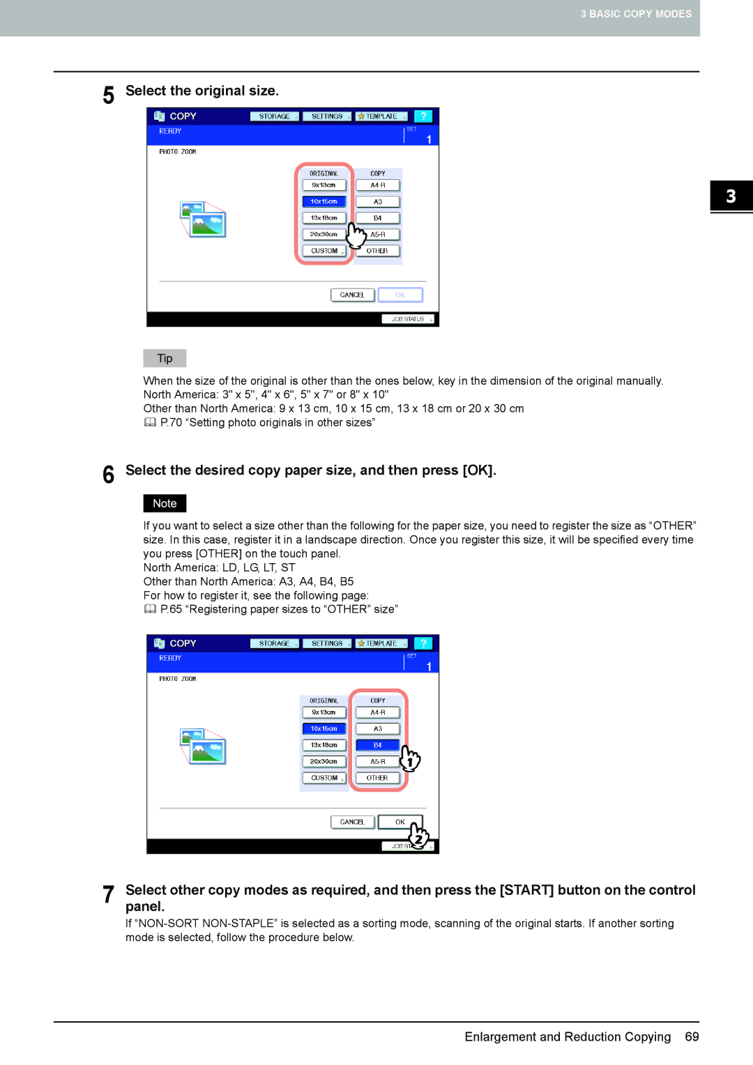 Toshiba e-STUDIO5520C, 6520c manual Select the original size, Select the desired copy paper size, and then press OK 