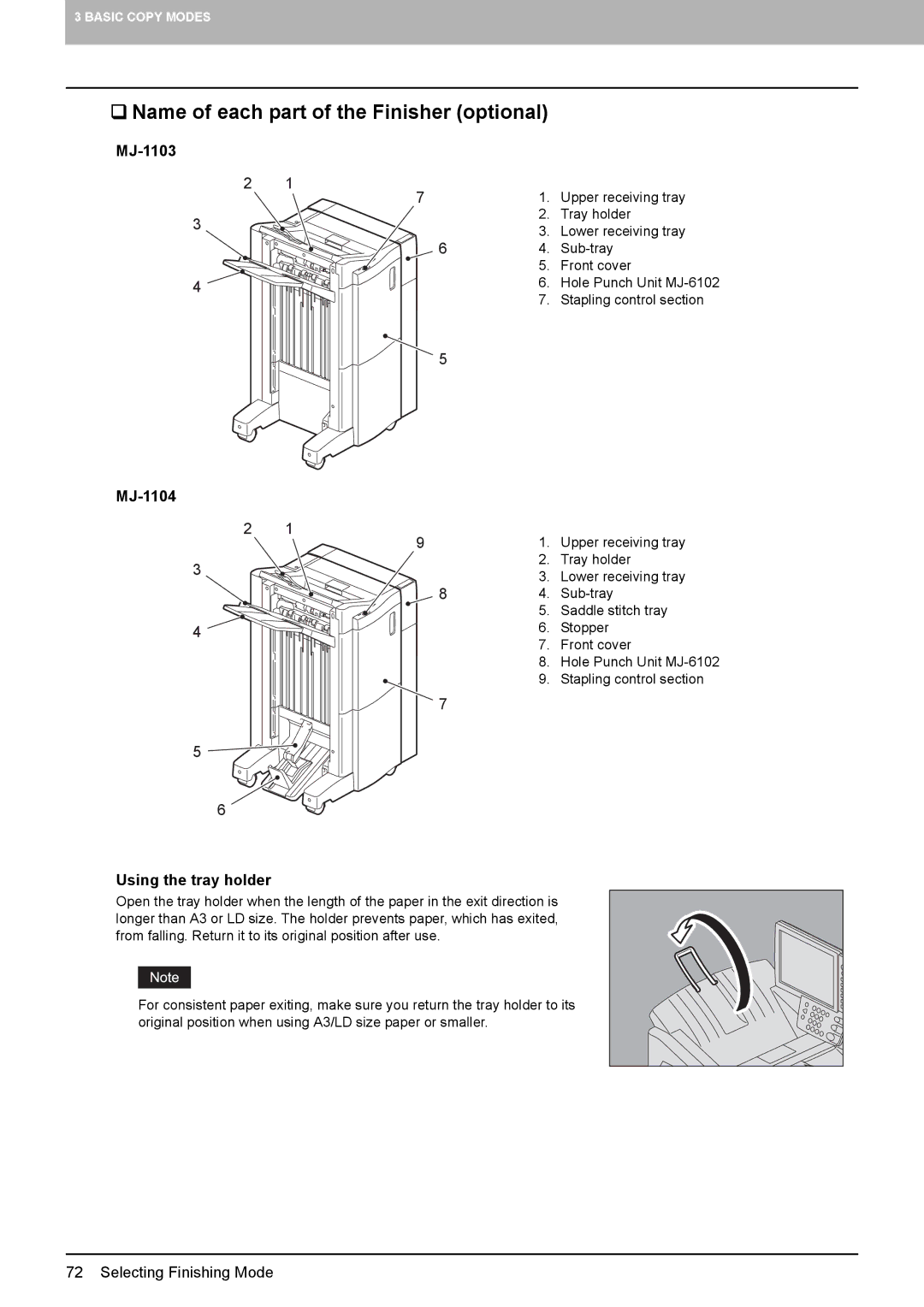 Toshiba 6520c, e-STUDIO5520C manual ‰ Name of each part of the Finisher optional, MJ-1103, MJ-1104, Using the tray holder 