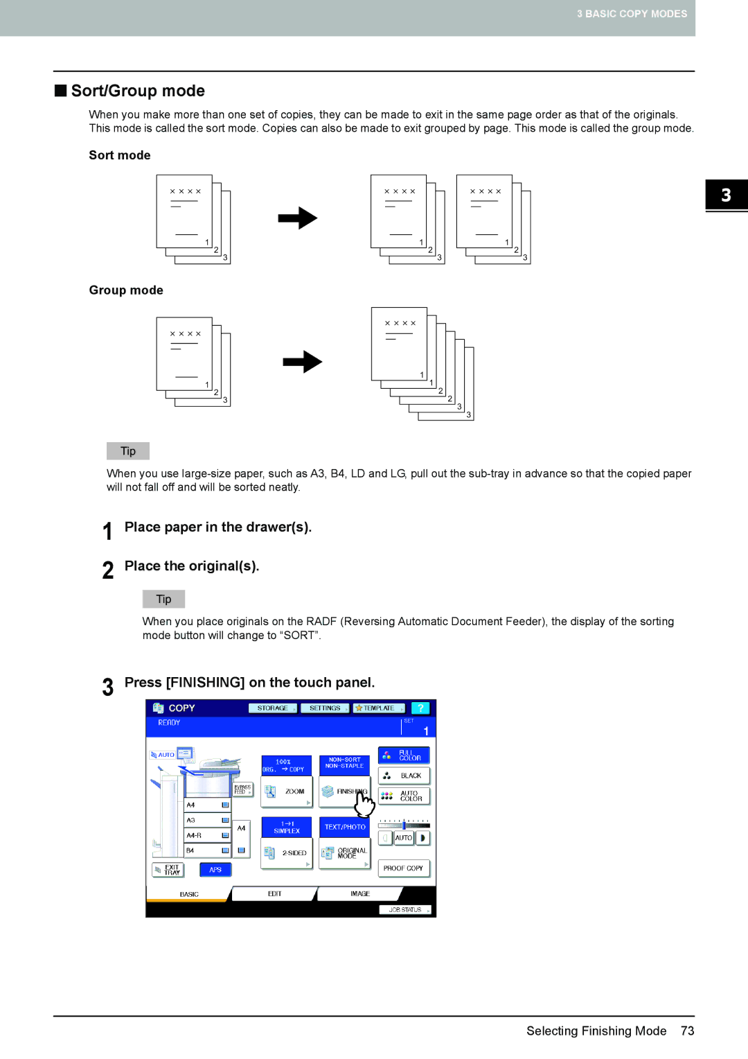 Toshiba e-STUDIO5520C, 6520c manual „ Sort/Group mode, Place paper in the drawers Place the originals, Sort mode Group mode 