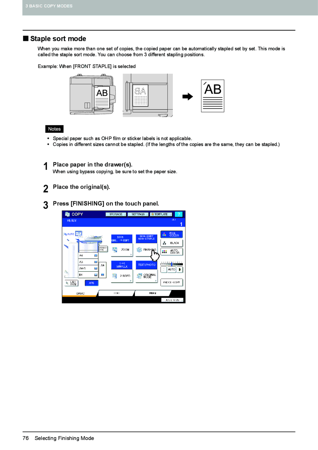 Toshiba 6520c, e-STUDIO5520C manual „ Staple sort mode, Place the originals Press Finishing on the touch panel 