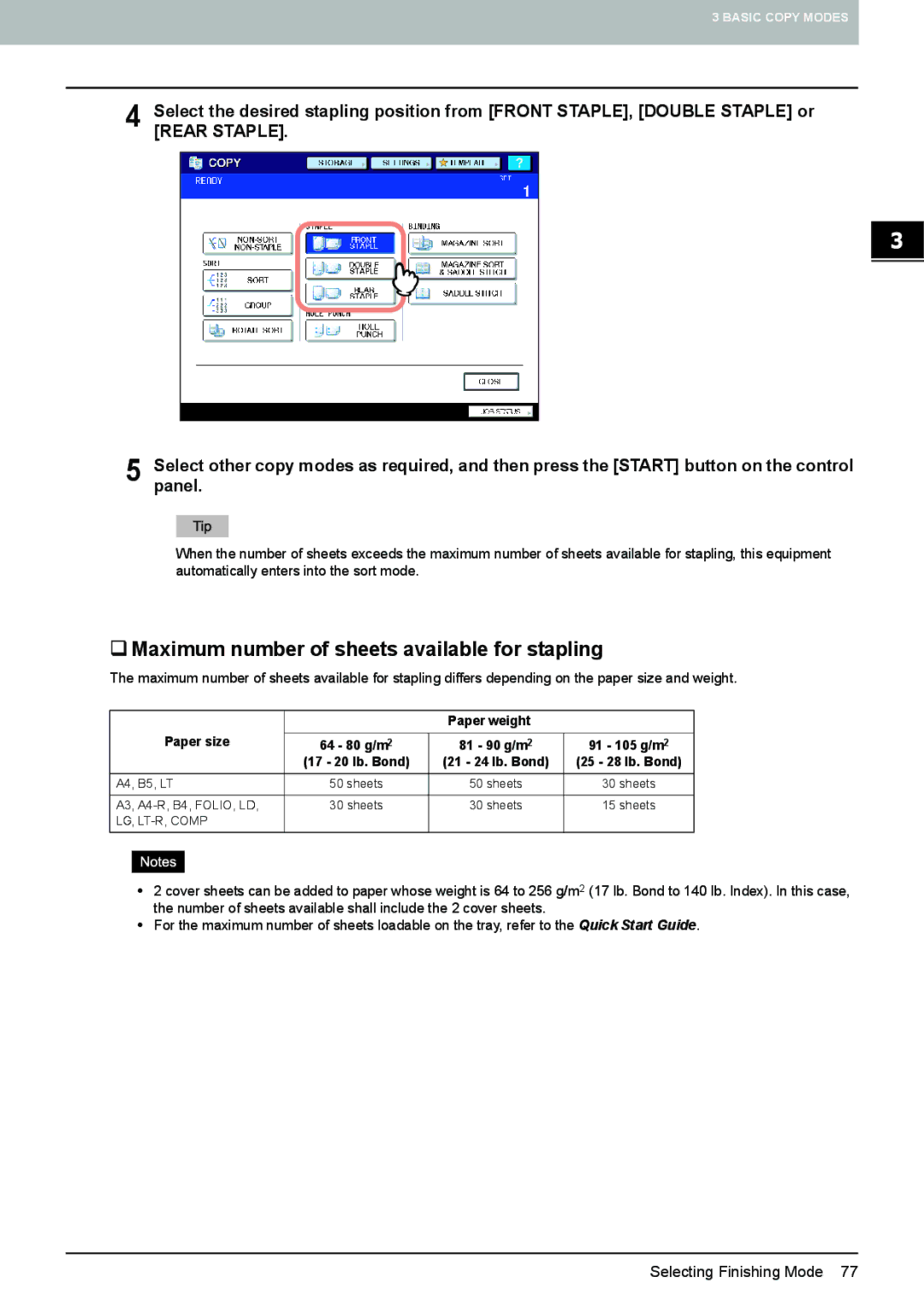 Toshiba e-STUDIO5520C, 6520c manual ‰ Maximum number of sheets available for stapling 