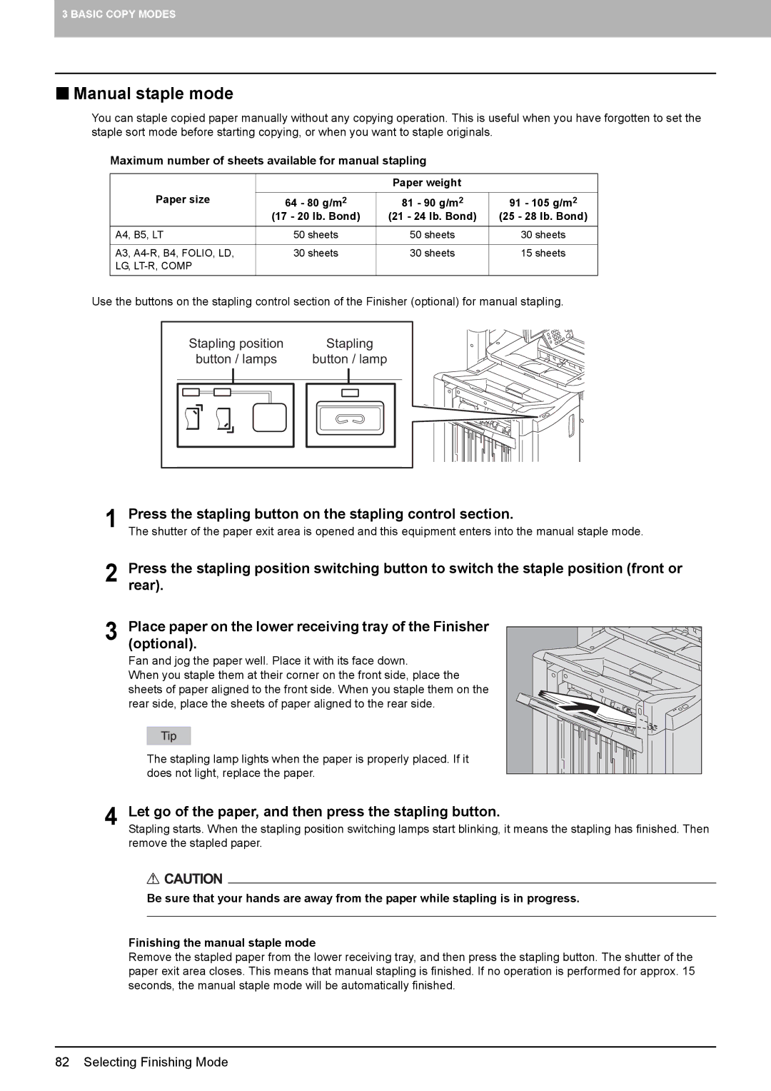 Toshiba 6520c, e-STUDIO5520C manual „ Manual staple mode, Let go of the paper, and then press the stapling button 