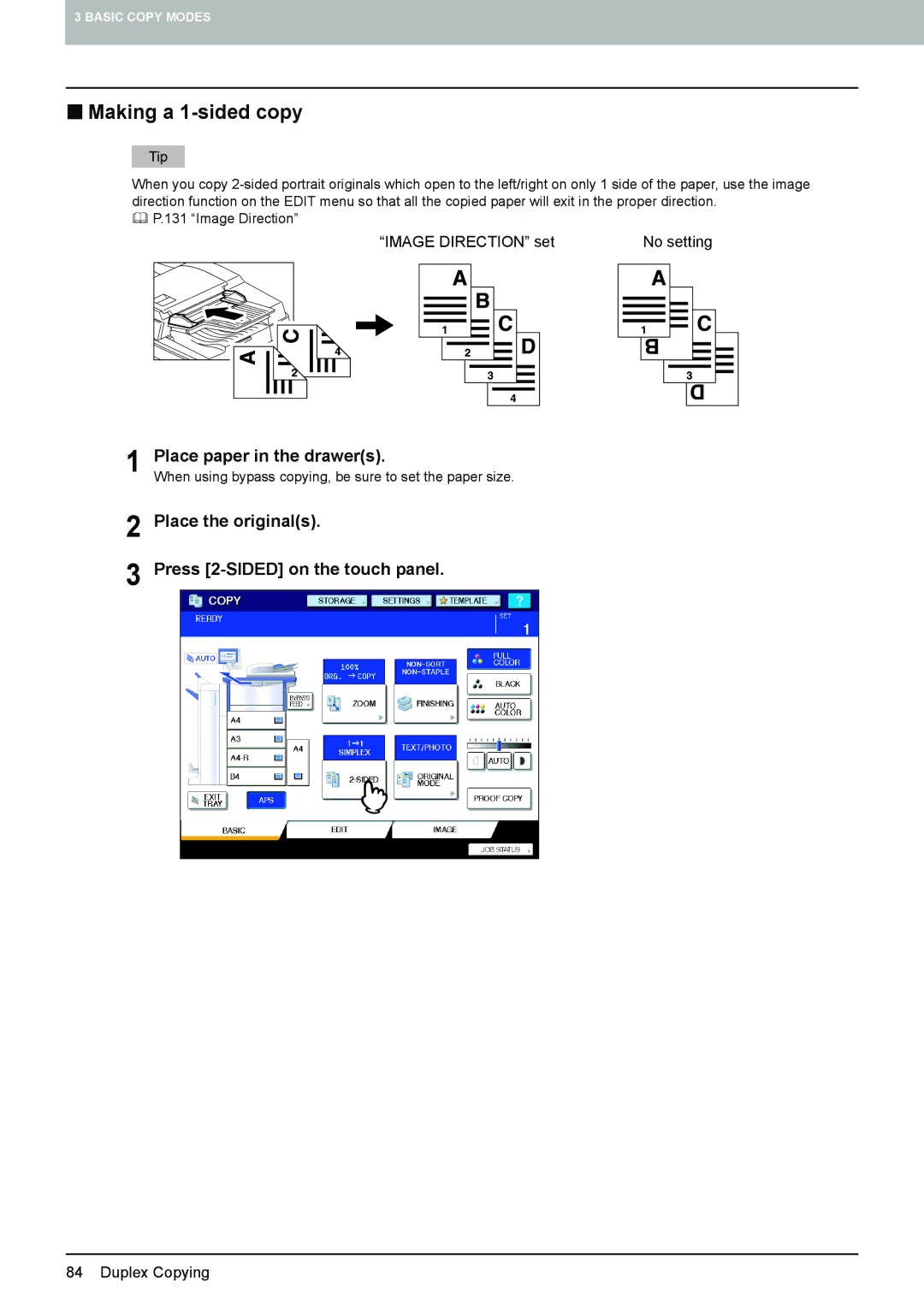 Toshiba 6520c, e-STUDIO5520C manual „ Making a 1-sided copy, Place the originals Press 2-SIDED on the touch panel 