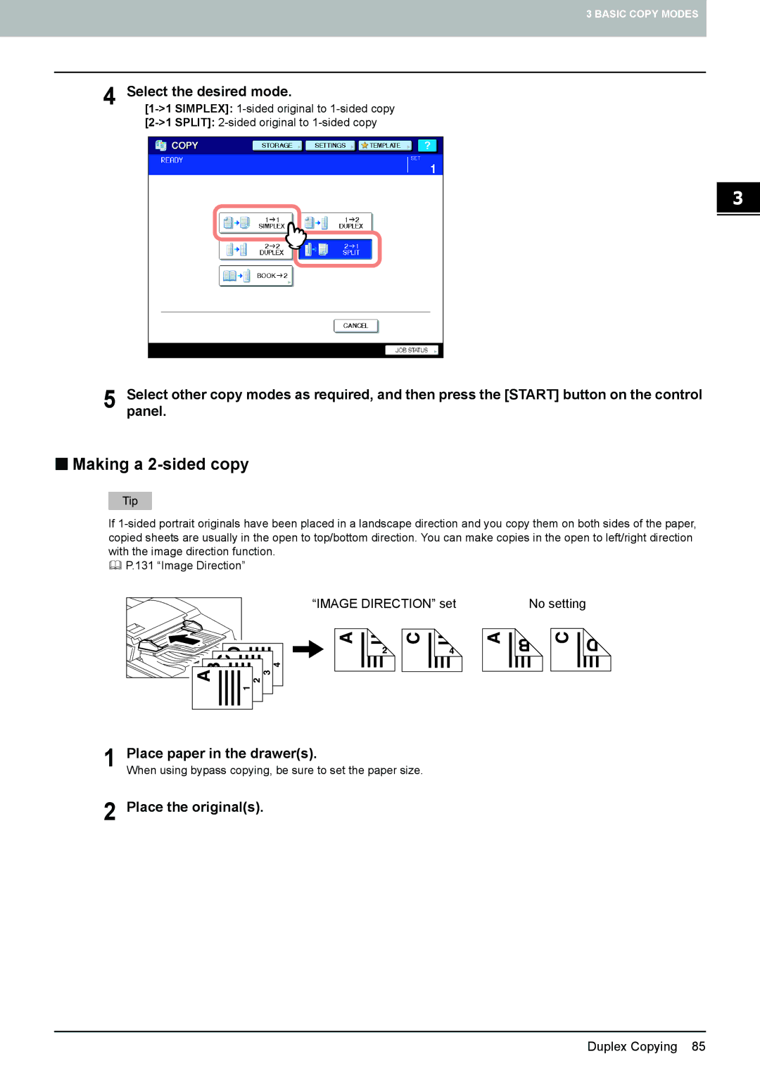 Toshiba e-STUDIO5520C, 6520c manual „ Making a 2-sided copy, Select the desired mode 