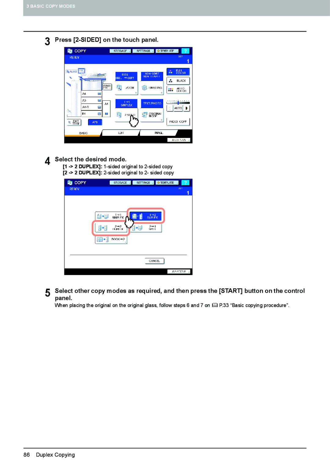 Toshiba 6520c, e-STUDIO5520C manual Press 2-SIDED on the touch panel Select the desired mode 