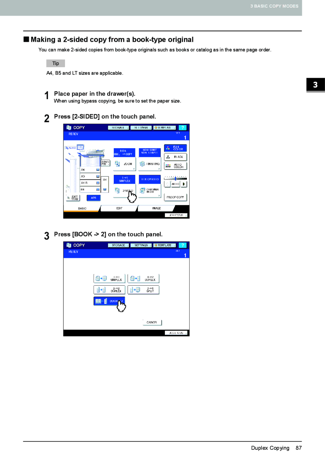 Toshiba e-STUDIO5520C, 6520c manual „ Making a 2-sided copy from a book-type original 