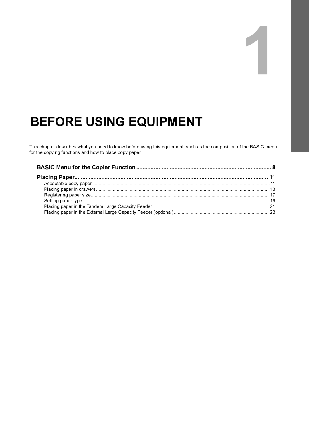 Toshiba e-STUDIO5520C, 6520c manual Placing Paper, Basic Menu for the Copier Function 