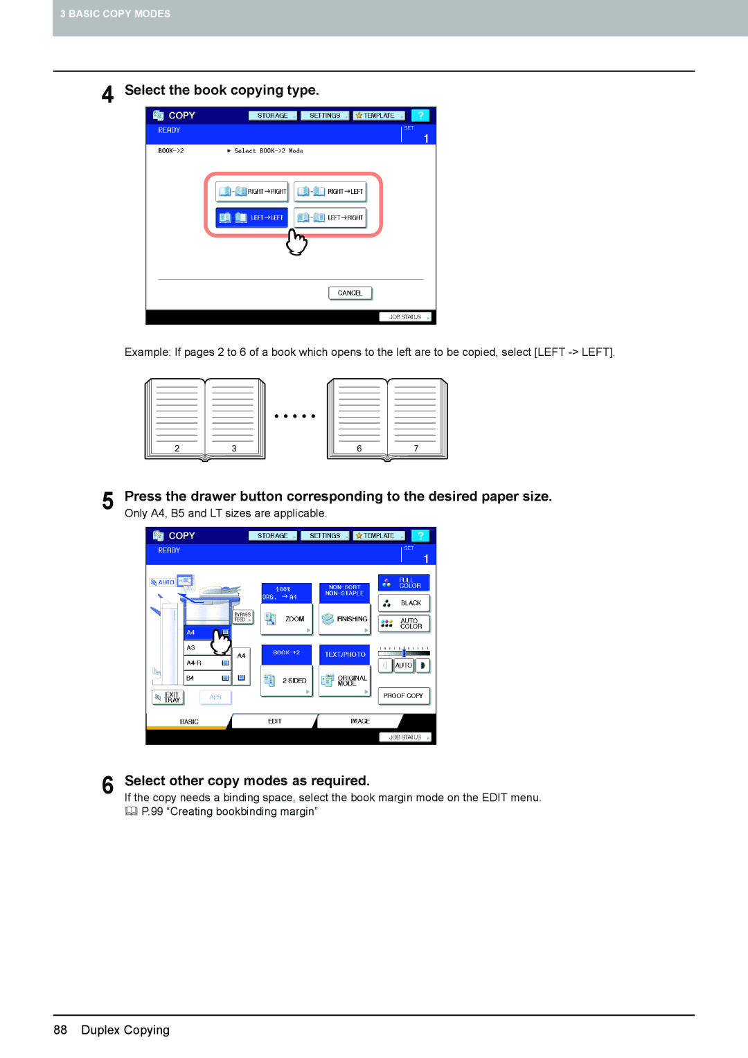 Toshiba 6520c, e-STUDIO5520C manual Select the book copying type, Select other copy modes as required 