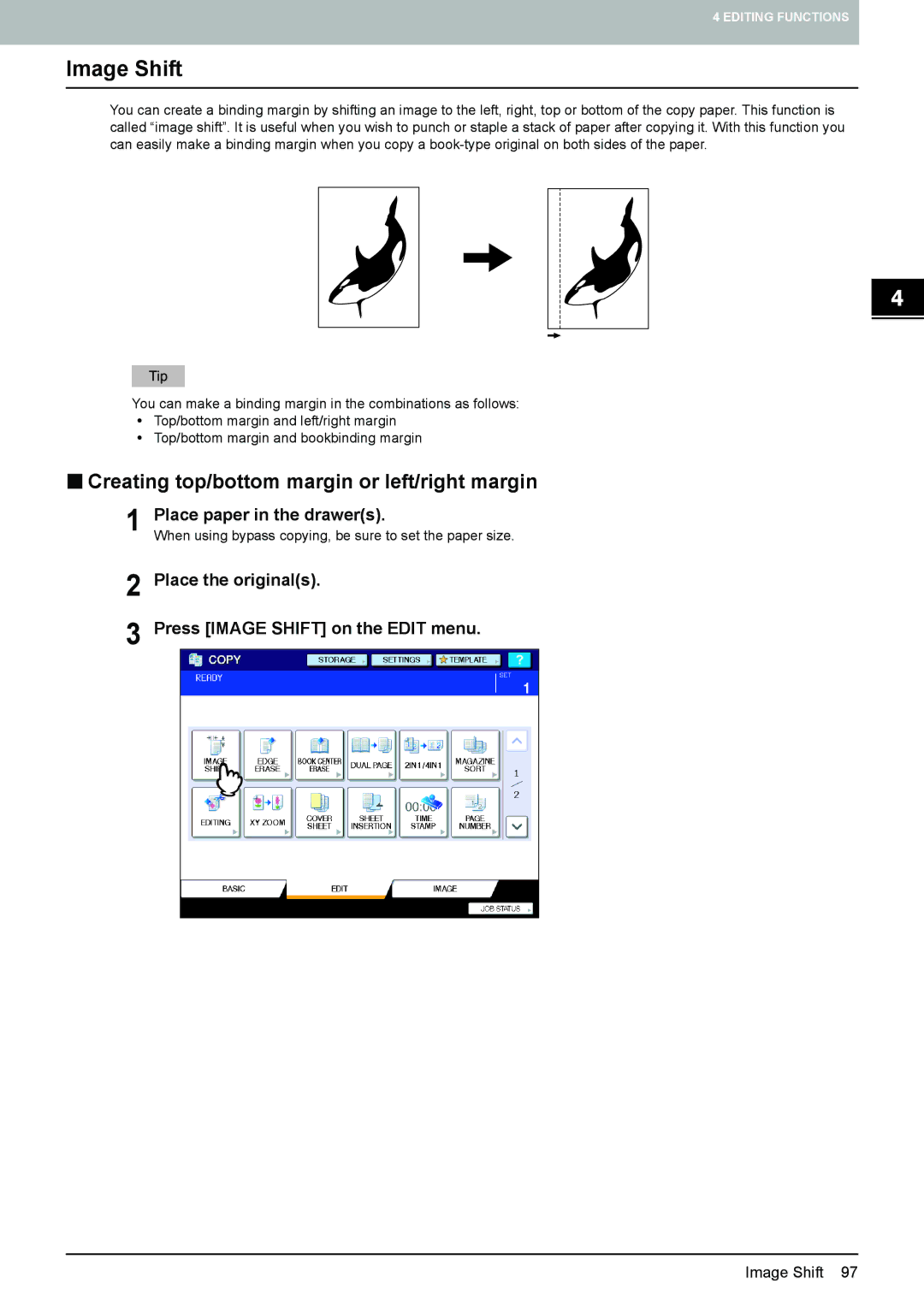 Toshiba e-STUDIO5520C, 6520c manual Image Shift, „ Creating top/bottom margin or left/right margin 