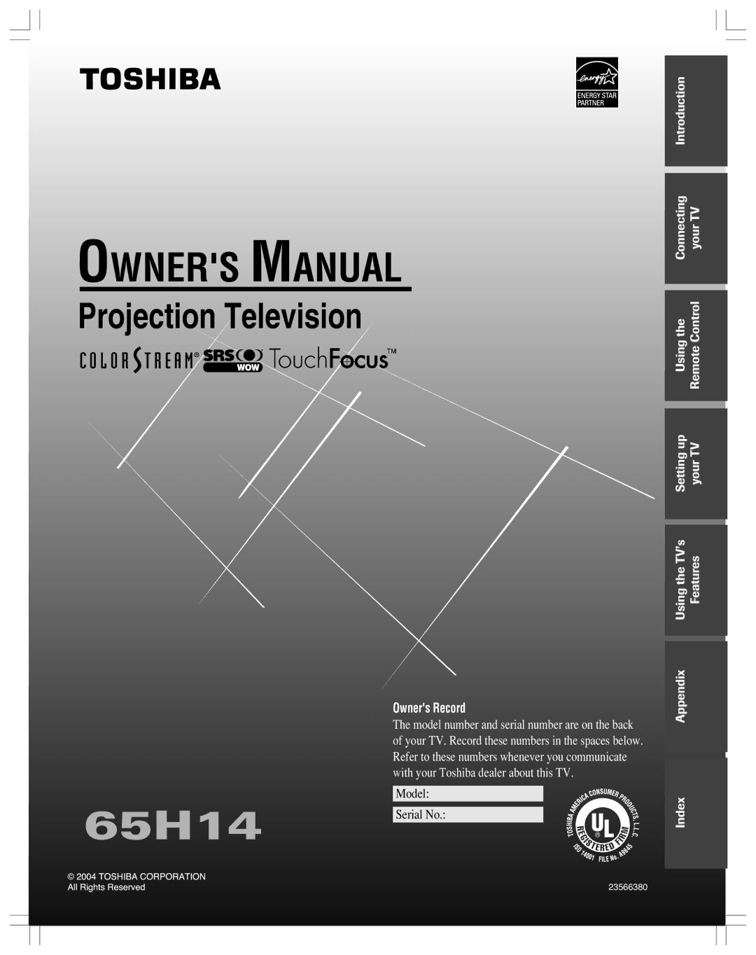 Toshiba 65H14 owner manual Projection Television 