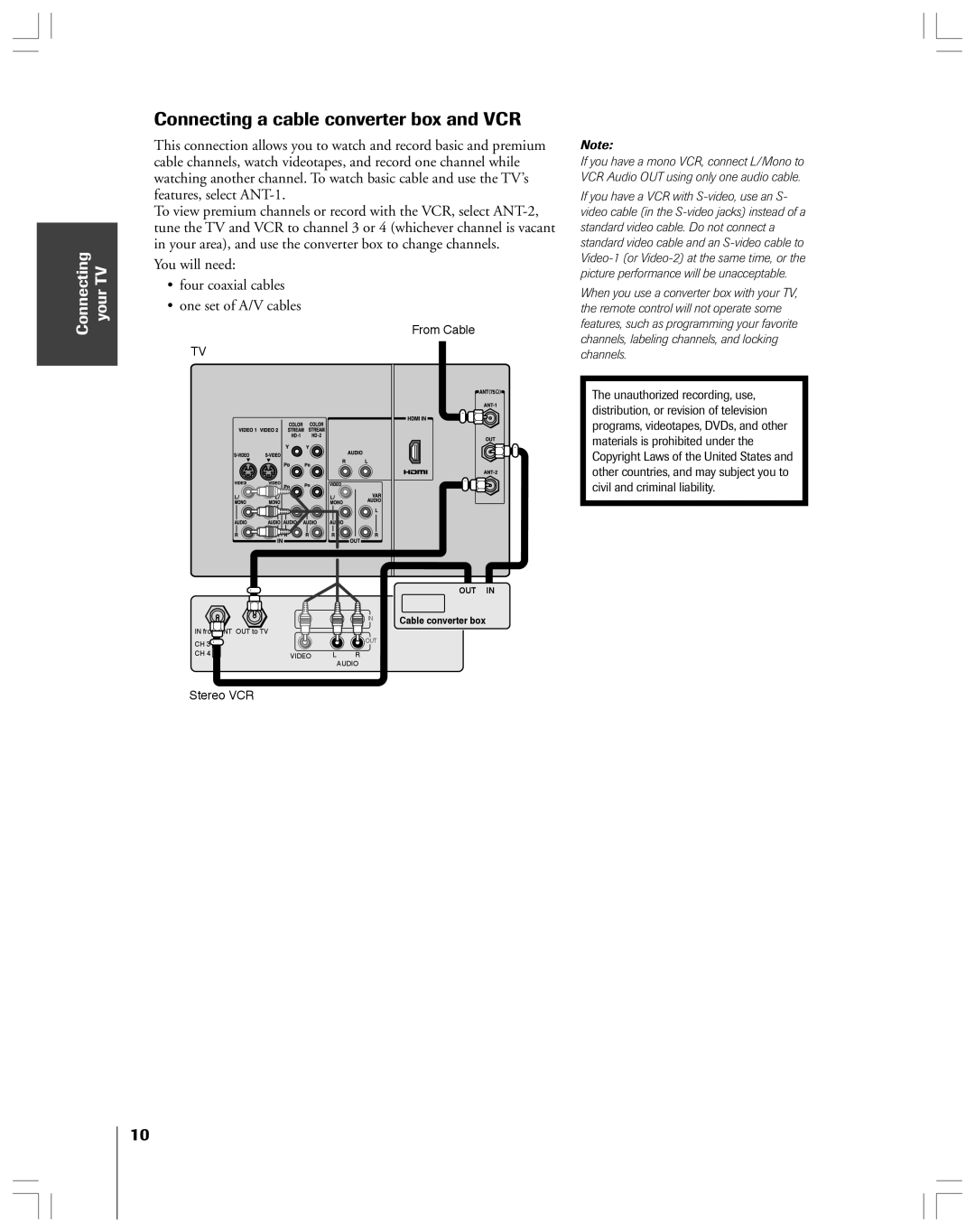 Toshiba 65H14 Connecting a cable converter box and VCR, You will need Four coaxial cables One set of A/V cables 