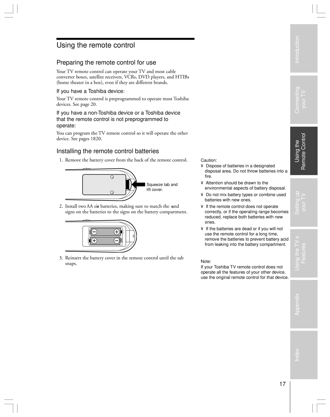 Toshiba 65H14 Preparing the remote control for use, Installing the remote control batteries, If you have a Toshiba device 