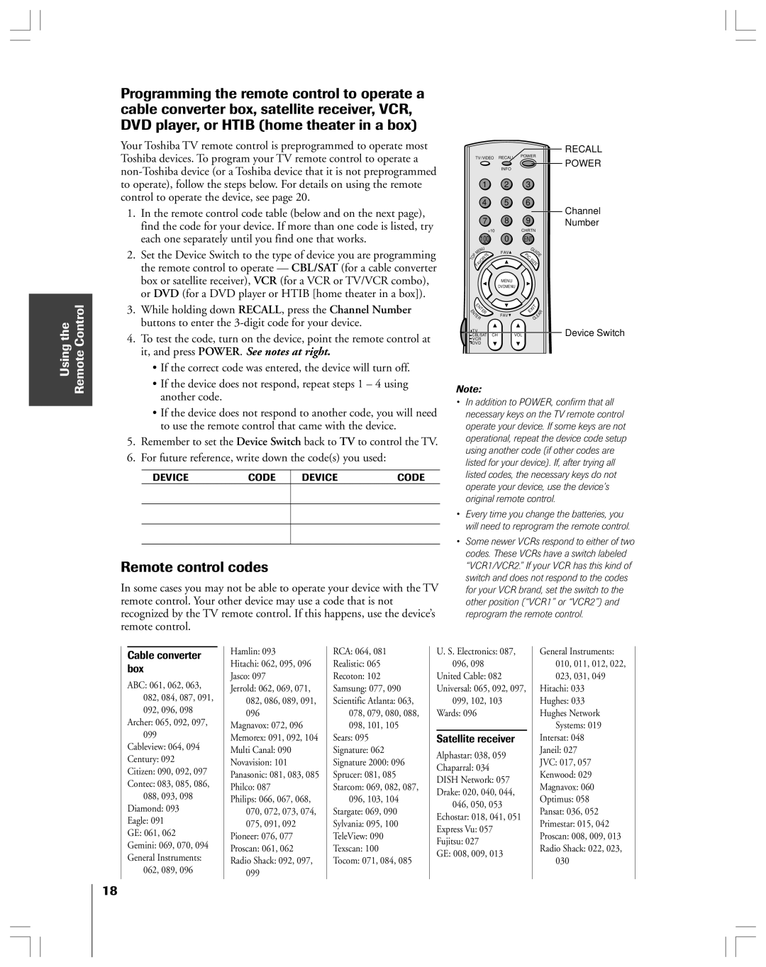 Toshiba 65H14 owner manual Remote control codes 