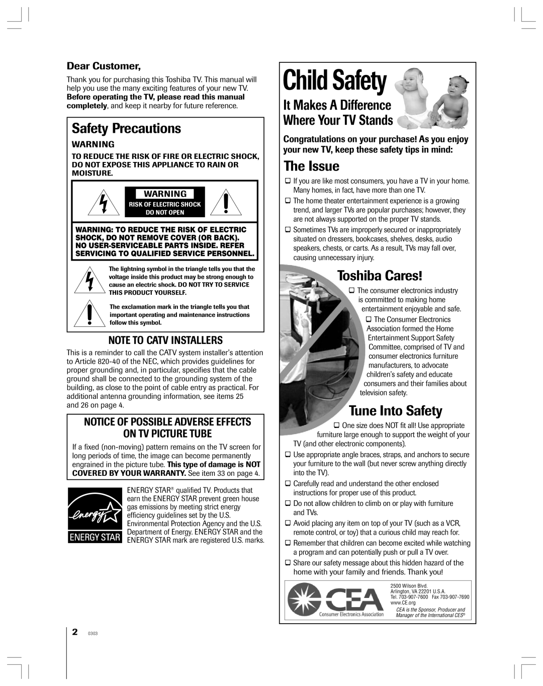 Toshiba 65H14 owner manual Safety Precautions, Dear Customer 