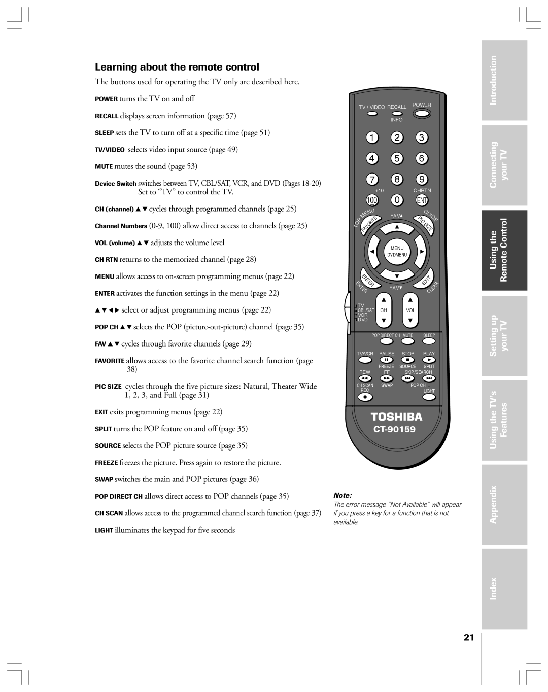 Toshiba 65H14 Learning about the remote control, Adjusts the volume level, CH RTN returns to the memorized channel 