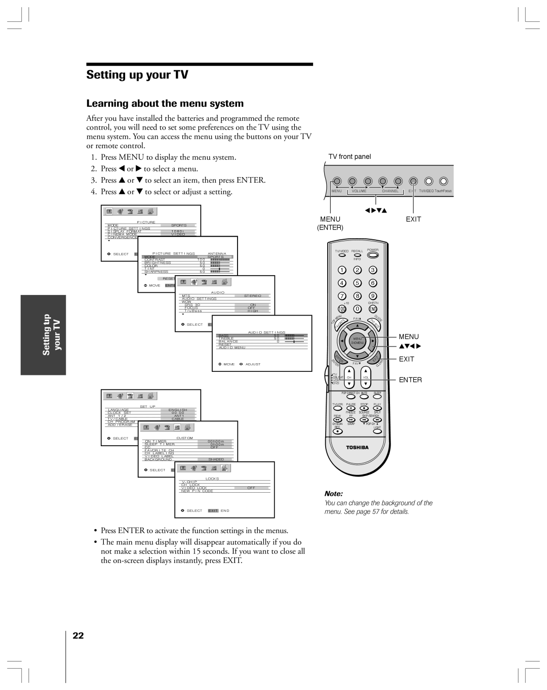 Toshiba 65H14 owner manual Learning about the menu system, Press Enter to activate the function settings in the menus 