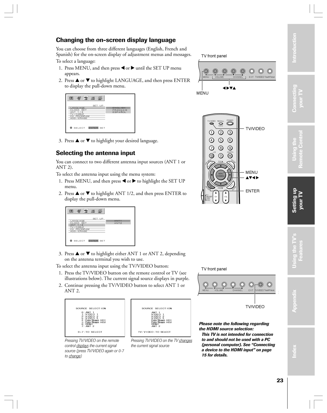 Toshiba 65H14 owner manual Changing the on-screen display language, Selecting the antenna input 