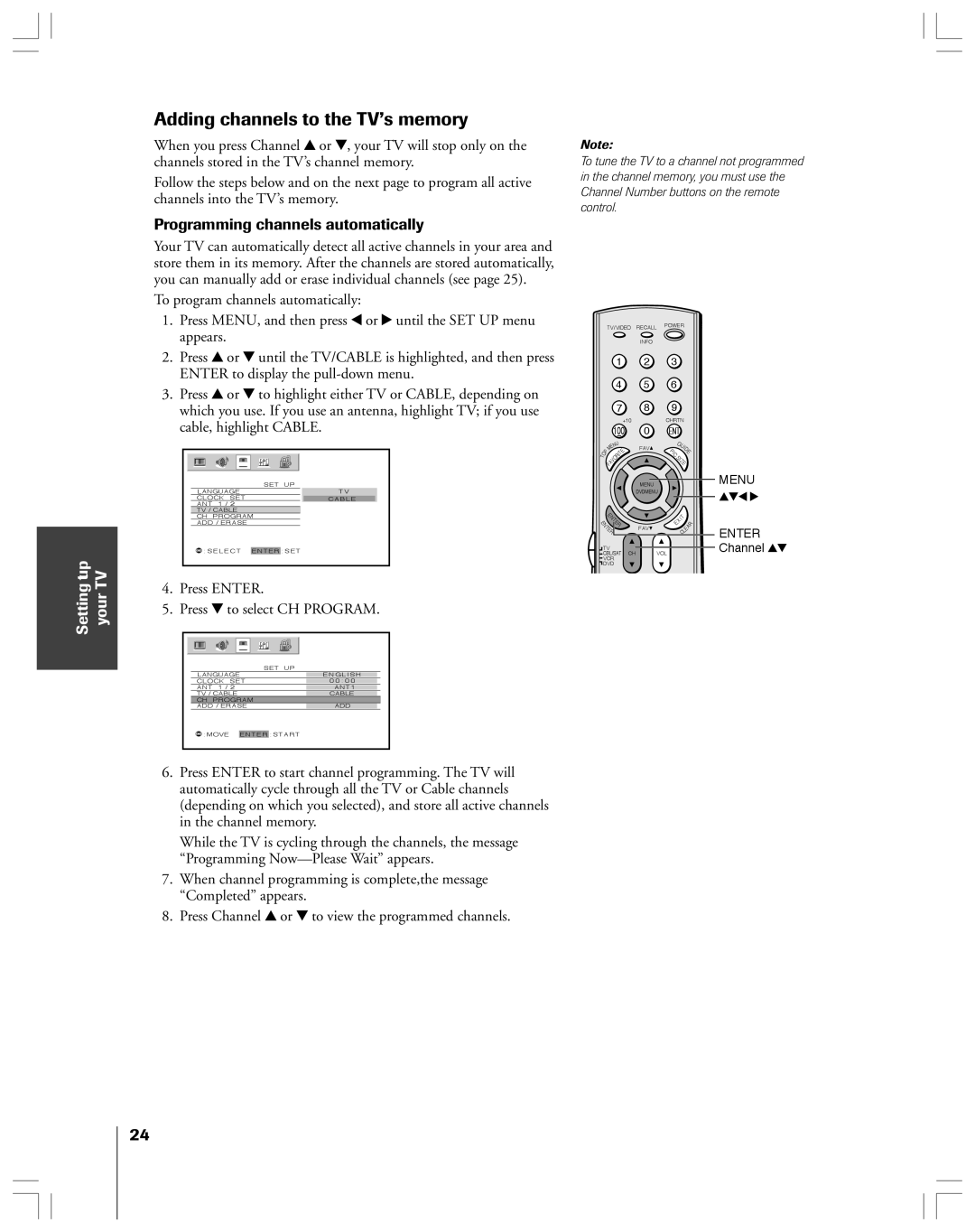 Toshiba 65H14 owner manual Adding channels to the TV’s memory, Programming channels automatically 