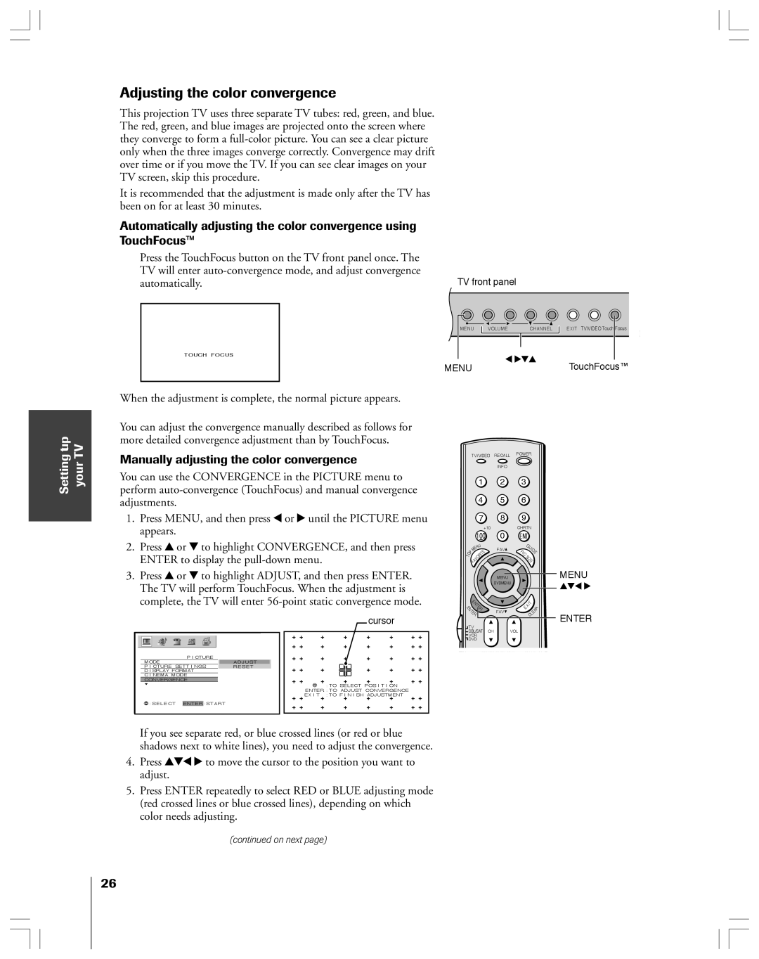 Toshiba 65H14 owner manual Adjusting the color convergence, Manually adjusting the color convergence, Automatically 