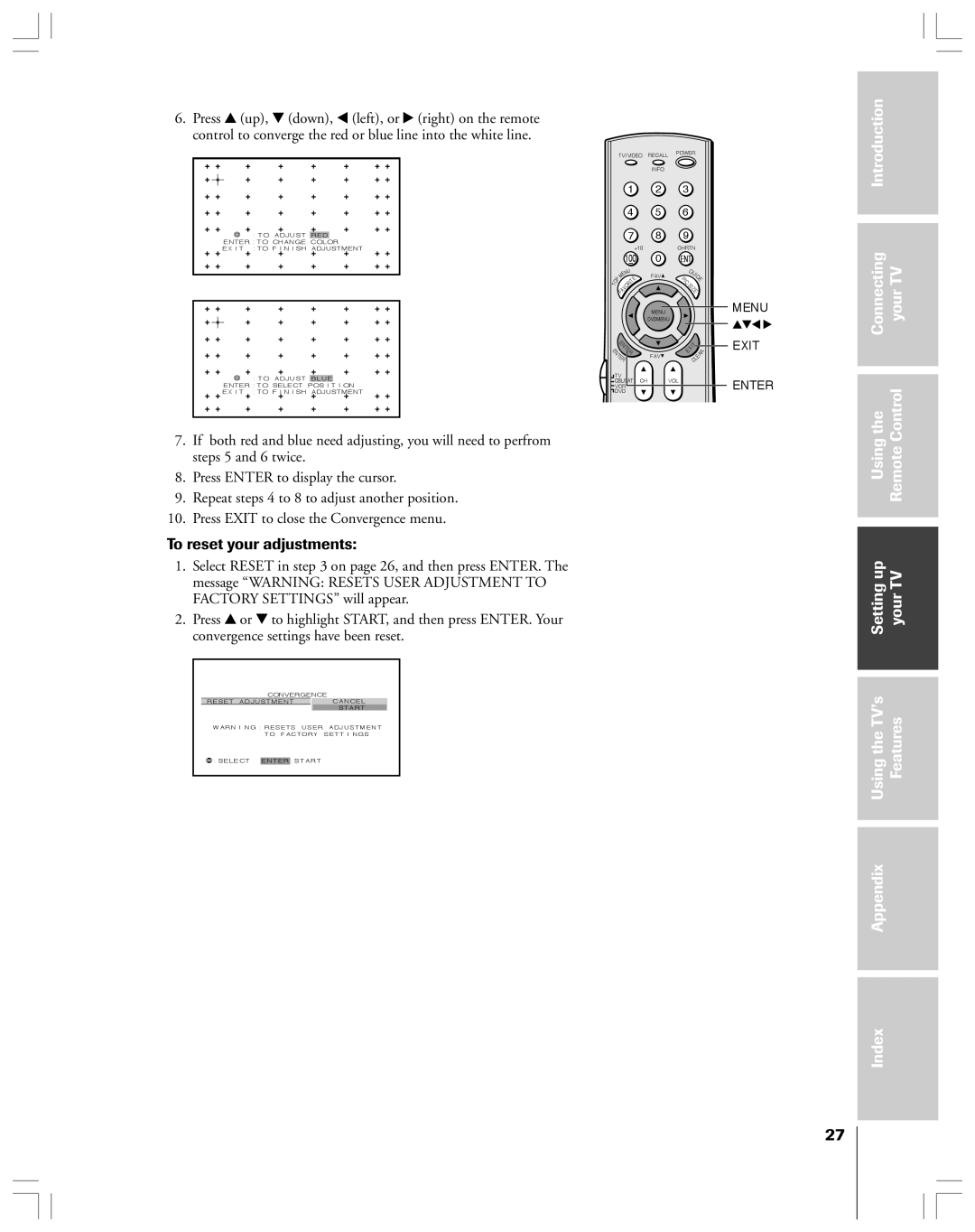 Toshiba 65H14 owner manual To reset your adjustments, 100 