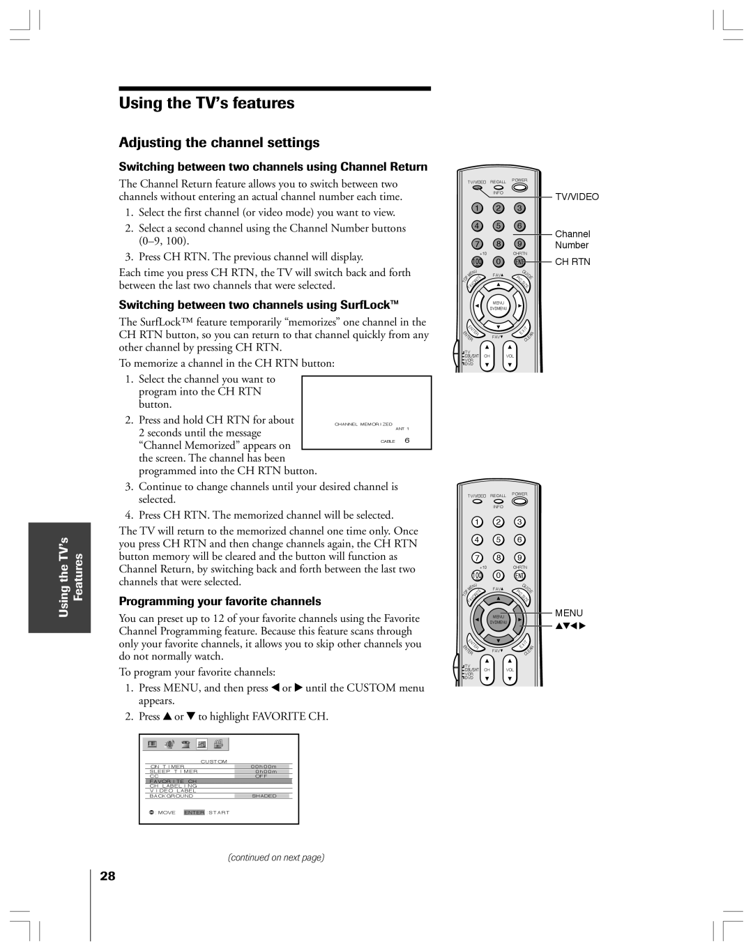 Toshiba 65H14 owner manual Adjusting the channel settings, Switching between two channels using Channel Return 