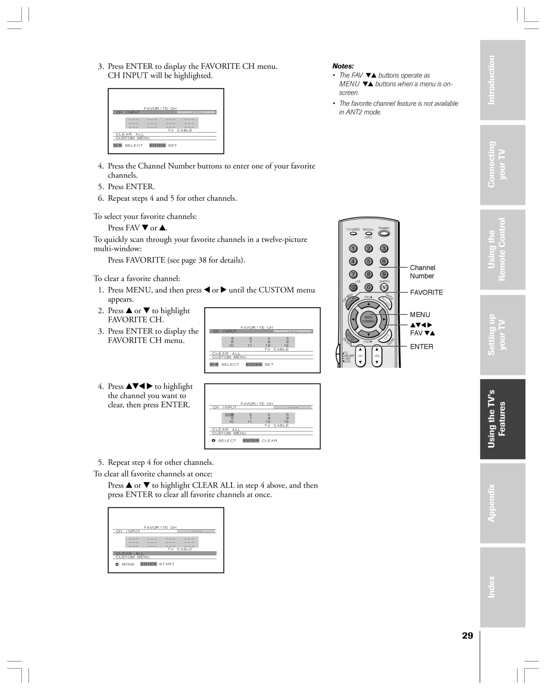 Toshiba 65H14 owner manual Press Enter Repeat steps 4 and 5 for other channels, Press y or z to highlight, Favorite CH 