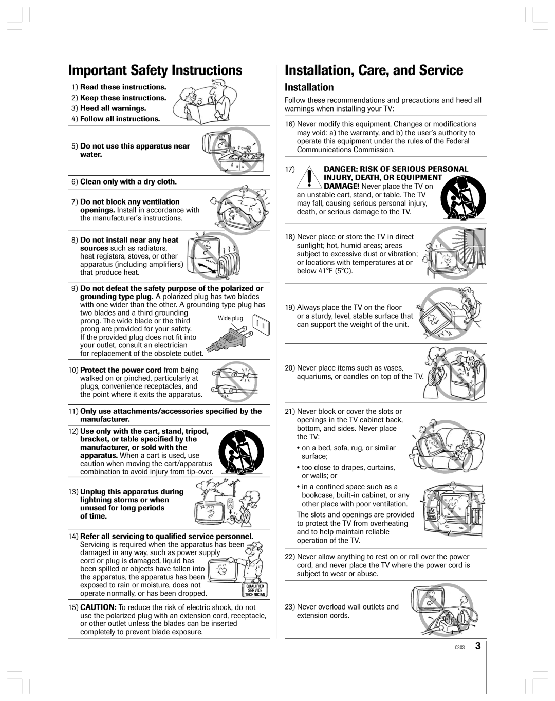 Toshiba 65H14 owner manual Important Safety Instructions, Installation 