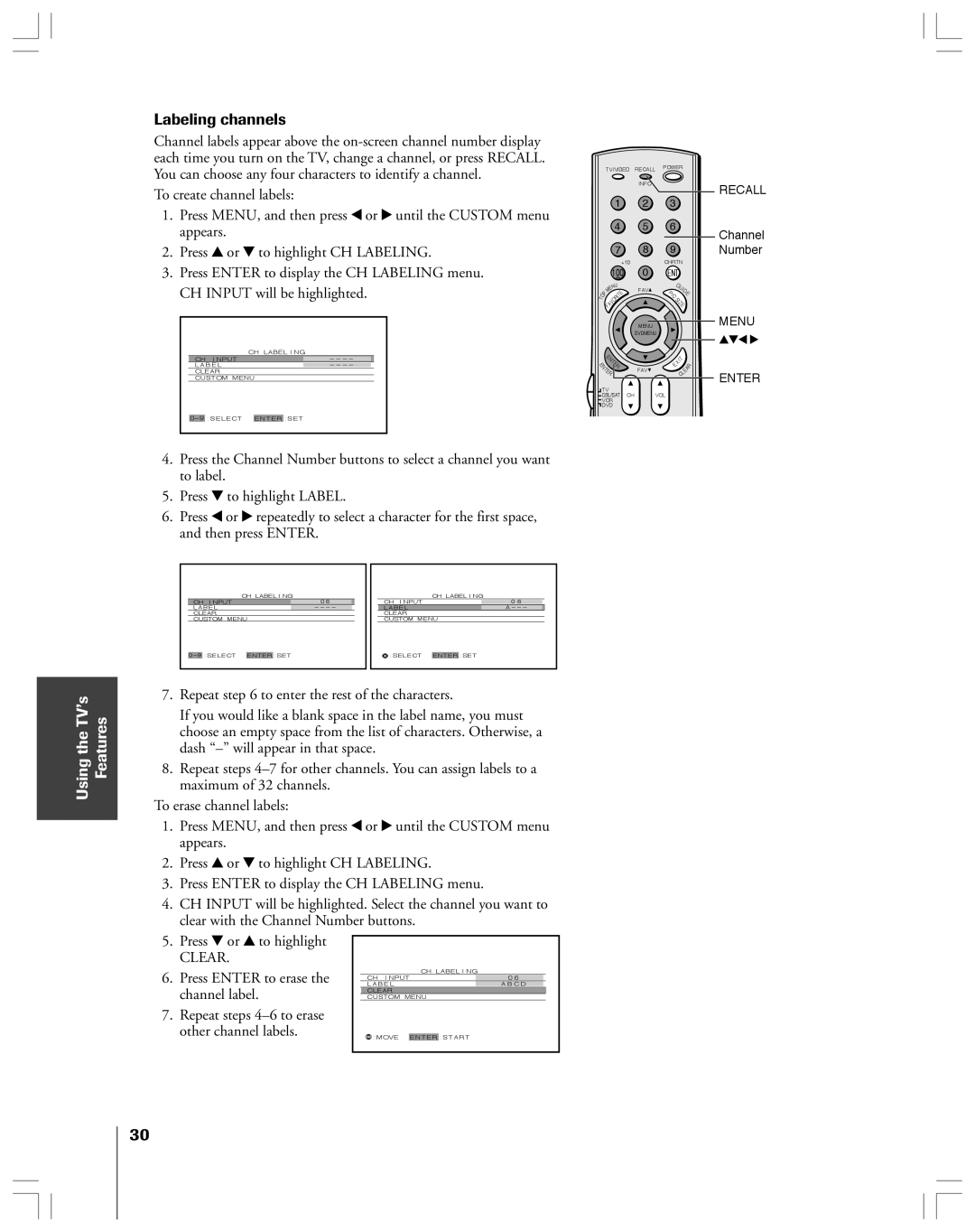 Toshiba 65H14 owner manual Labeling channels, Repeat to enter the rest of the characters, To erase channel labels, Clear 