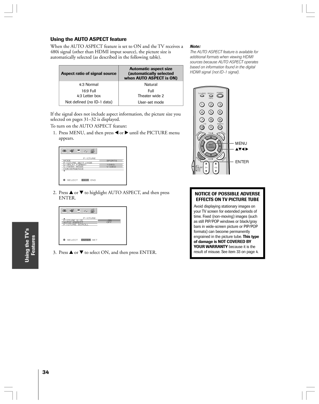 Toshiba 65H14 owner manual Using the Auto Aspect feature, Press y or z to highlight Auto ASPECT, and then press, Enter 