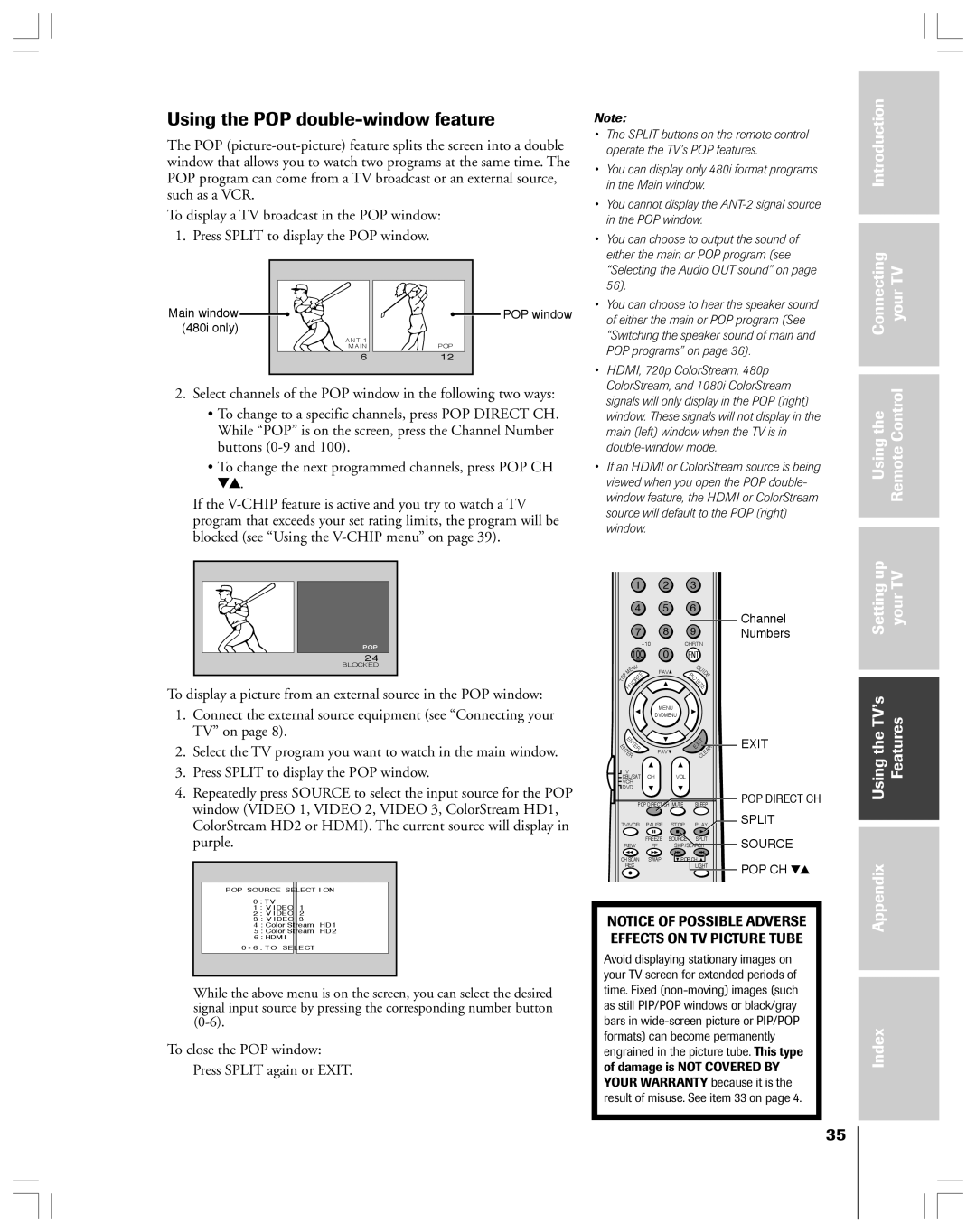 Toshiba 65H14 owner manual Using the POP double-window feature, To close the POP window Press Split again or Exit 