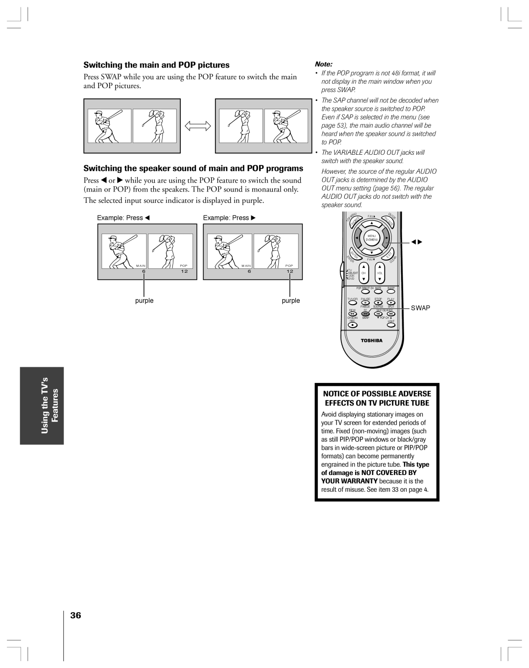 Toshiba 65H14 owner manual Switching the main and POP pictures, Switching the speaker sound of main and POP programs 