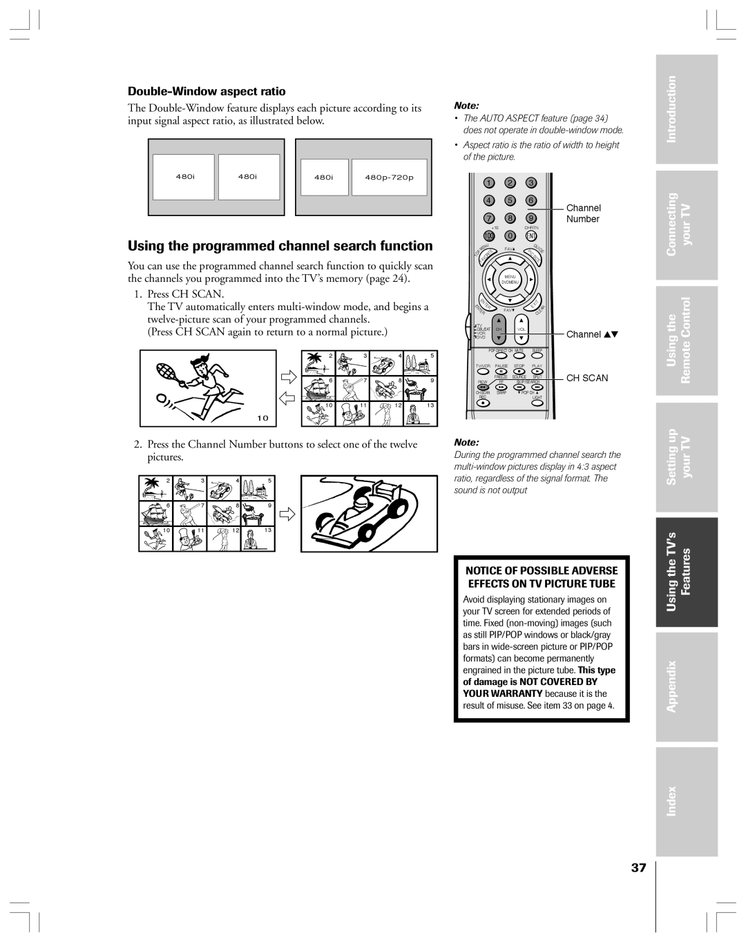 Toshiba 65H14 owner manual Using the programmed channel search function, Double-Window aspect ratio 