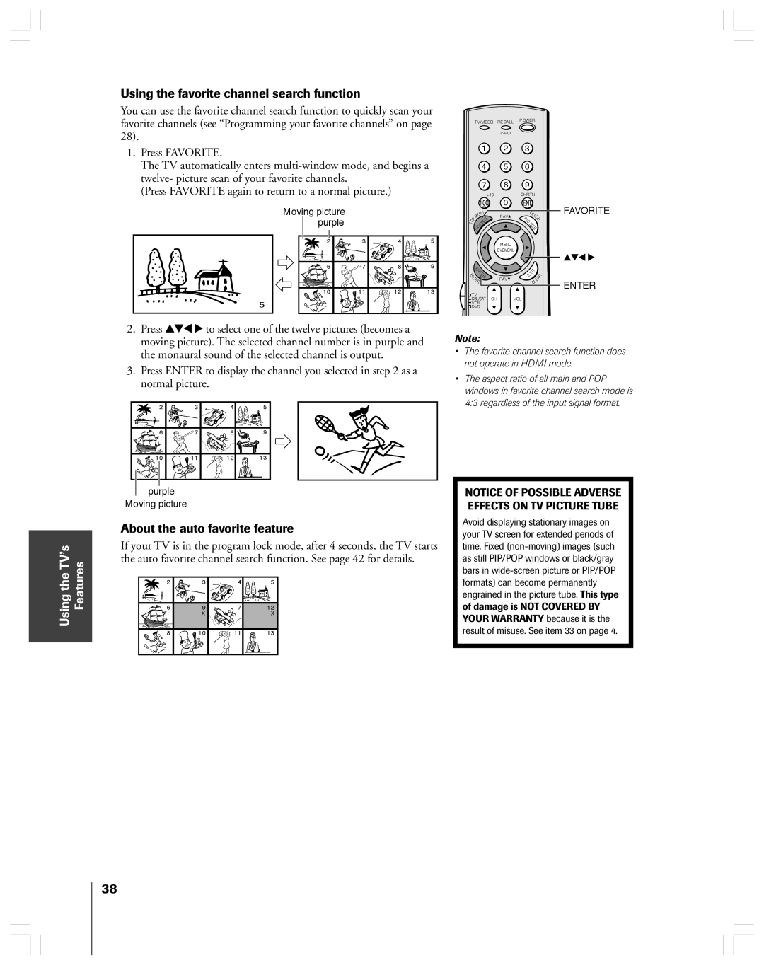 Toshiba 65H14 owner manual Using the favorite channel search function, About the auto favorite feature 