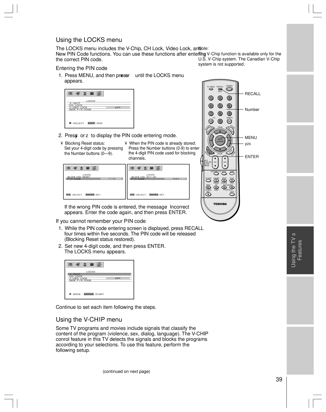 Toshiba 65H14 Using the Locks menu, Using the V-CHIP menu, Entering the PIN code, If you cannot remember your PIN code 