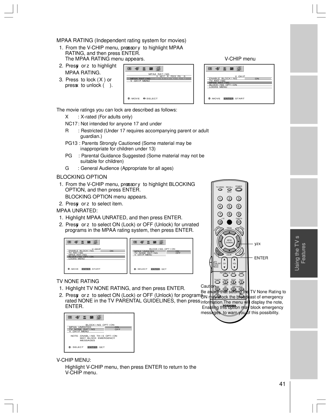 Toshiba 65H14 owner manual Mpaa Rating Independent rating system for movies, Mpaa Unrated, TV None Rating, Chip Menu 