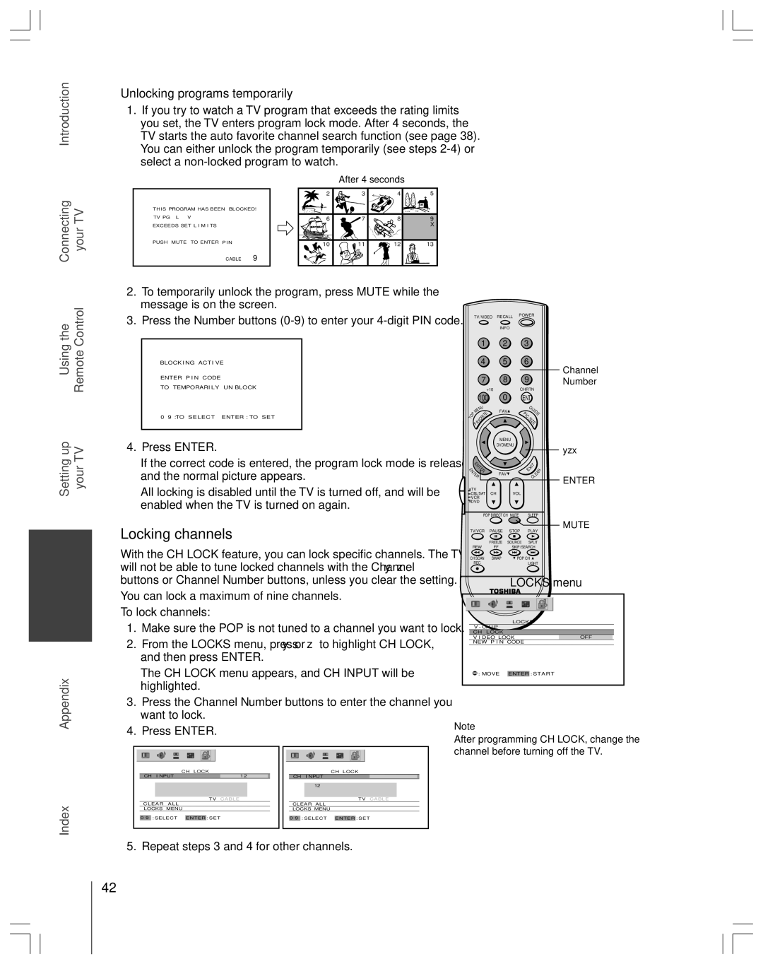 Toshiba 65H14 Locking channels, Unlocking programs temporarily, Press Enter, Repeat steps 3 and 4 for other channels 