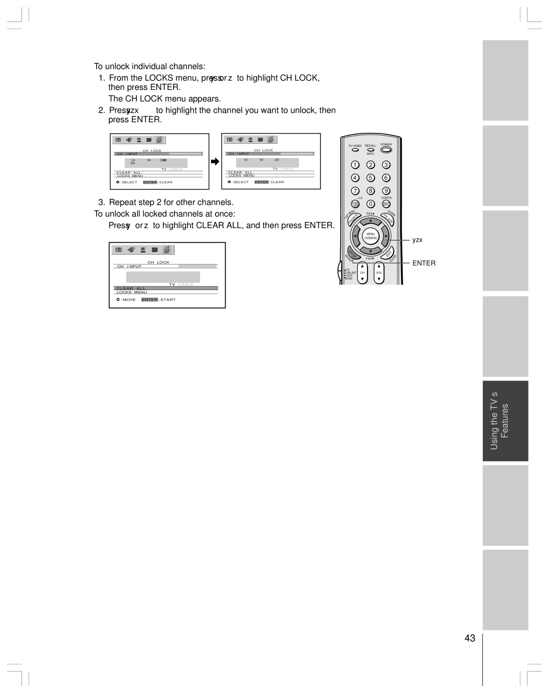 Toshiba 65H14 owner manual Press y or z to highlight Clear ALL, and then press Enter 