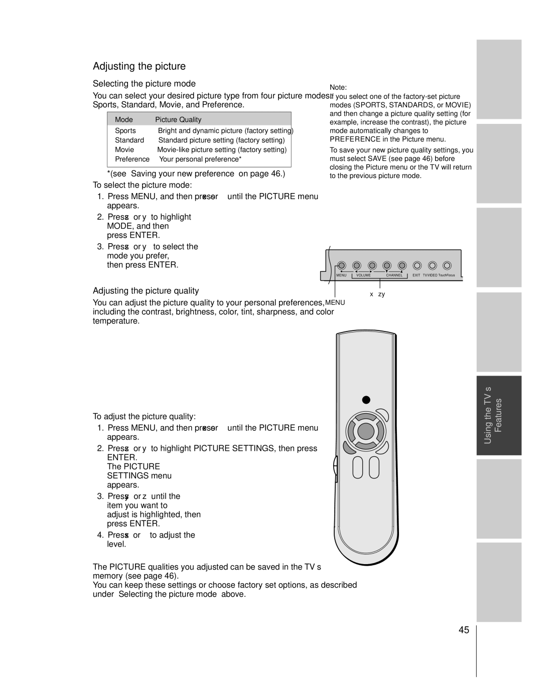 Toshiba 65H14 owner manual Selecting the picture mode, Adjusting the picture quality 