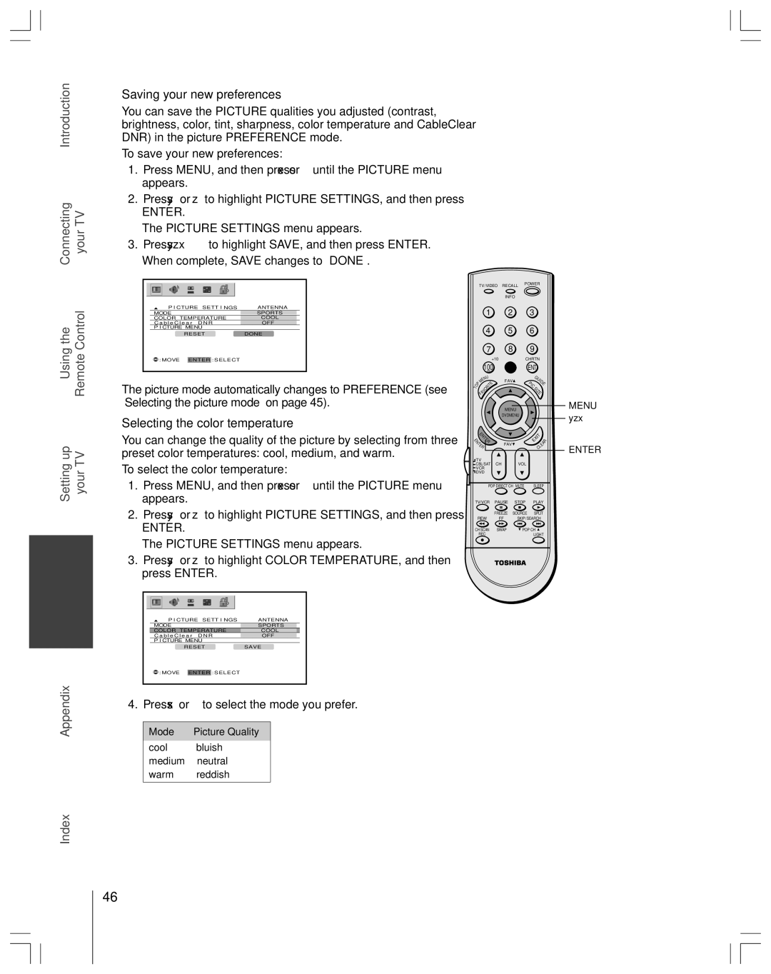 Toshiba 65H14 Saving your new preferences, Selecting the color temperature, Press x or to select the mode you prefer 