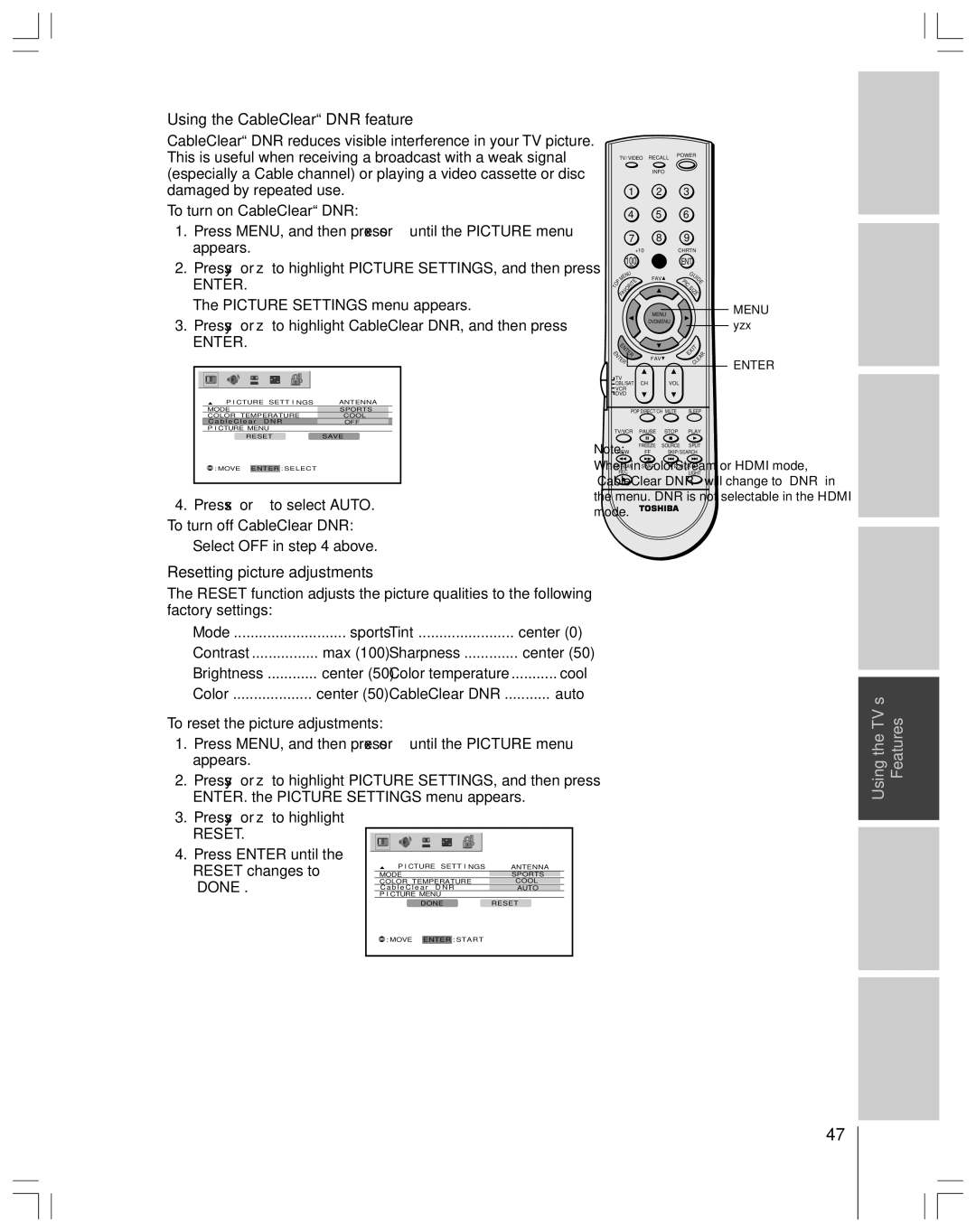 Toshiba 65H14 owner manual Using the CableClear DNR feature, Resetting picture adjustments, Done 