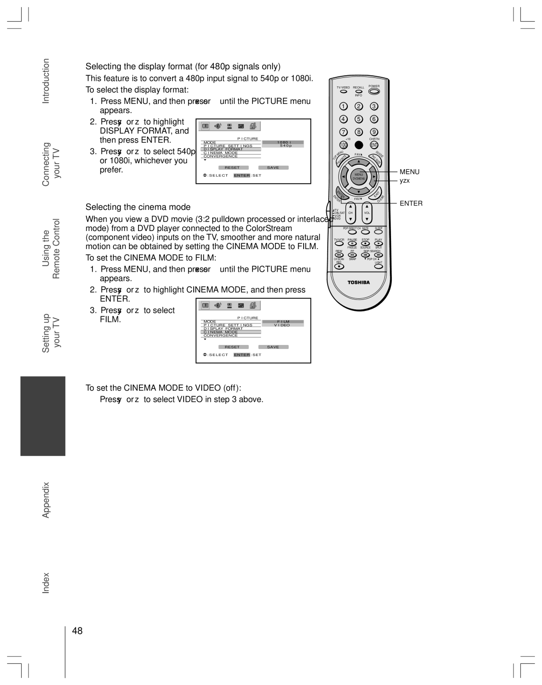 Toshiba 65H14 Selecting the display format for 480p signals only, Selecting the cinema mode, Press y or z to select, Film 