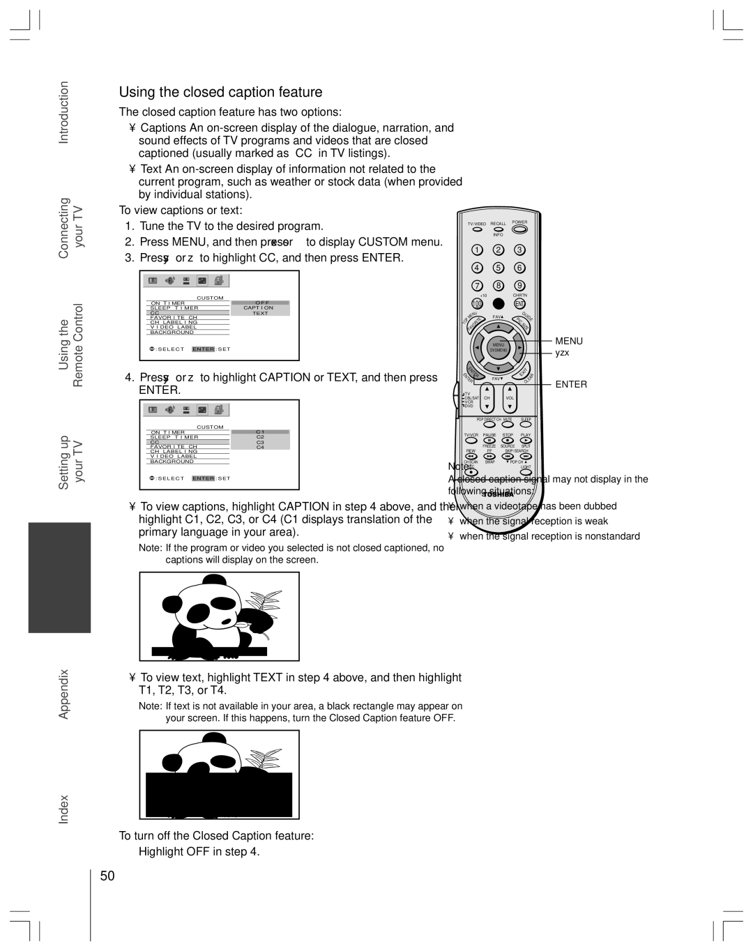 Toshiba 65H14 owner manual Using the closed caption feature, Press y or z to highlight Caption or TEXT, and then press 