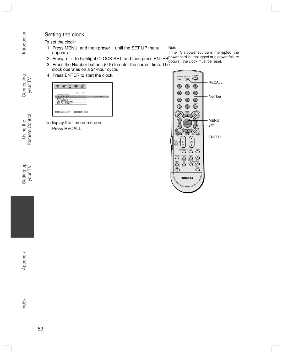 Toshiba 65H14 owner manual Setting the clock, Press Enter to start the clock, To display the time on-screen Press Recall 