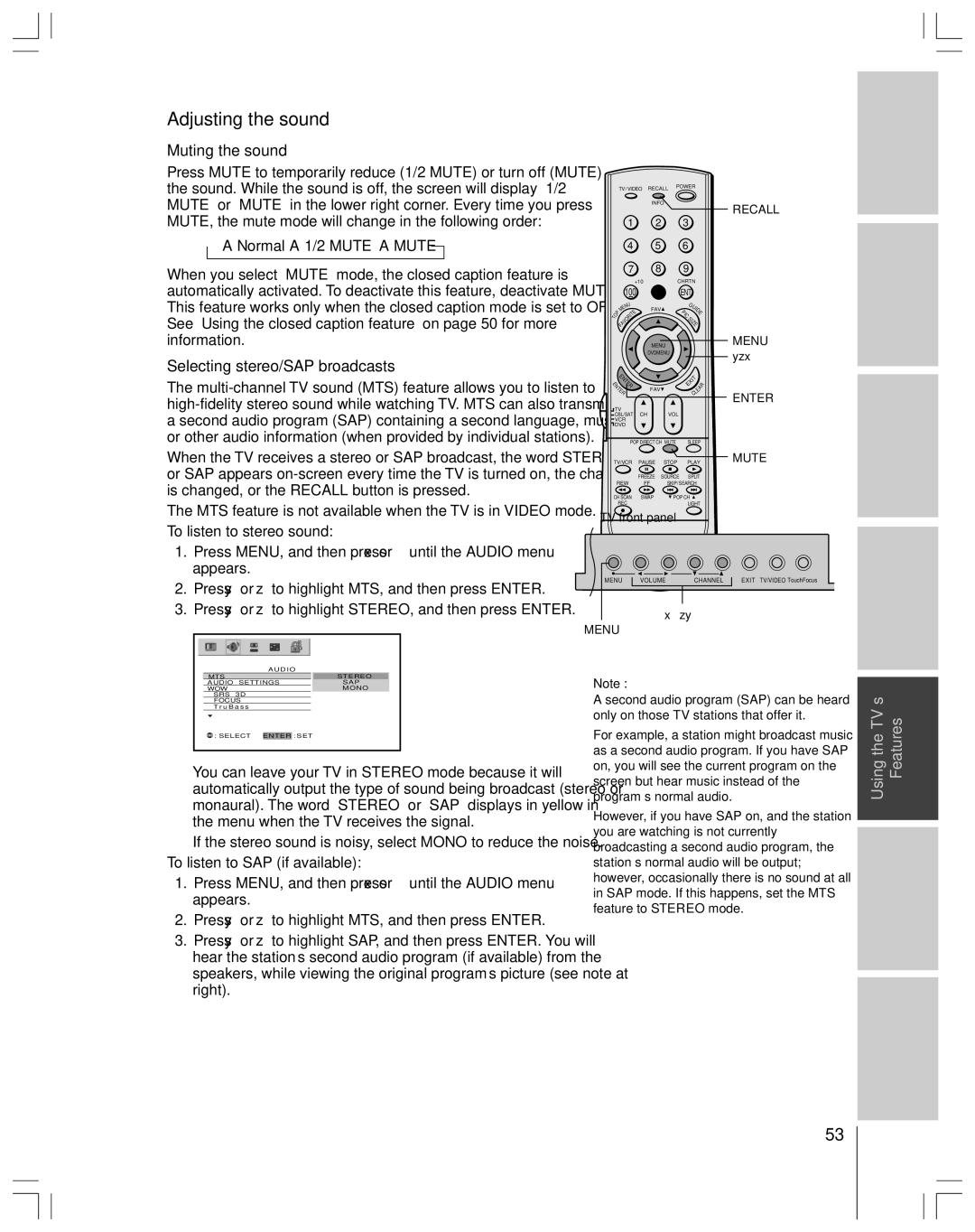 Toshiba 65H14 owner manual Adjusting the sound, Muting the sound, Selecting stereo/SAP broadcasts 